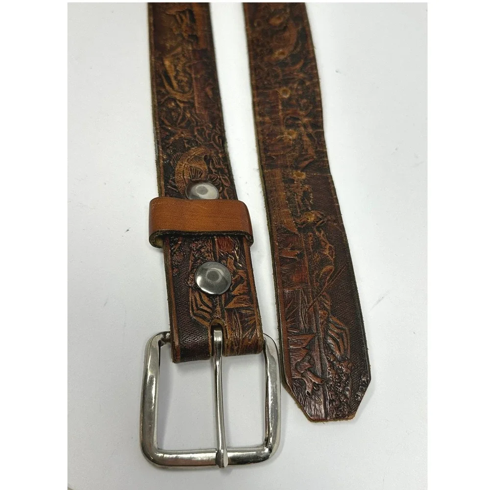 Vintage Tooled Leather Fishing Belt USA Made Bass Scene Preston Brown 32-36